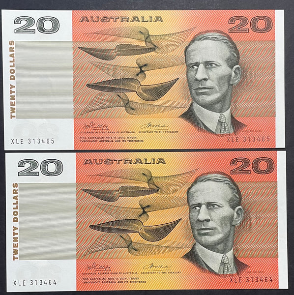 Australia 1974 $20 Phillips Wheeler Consecutive Pair Banknotes R405