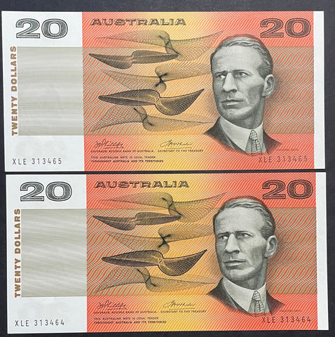 Australia 1974 $20 Phillips Wheeler Consecutive Pair Banknotes R405
