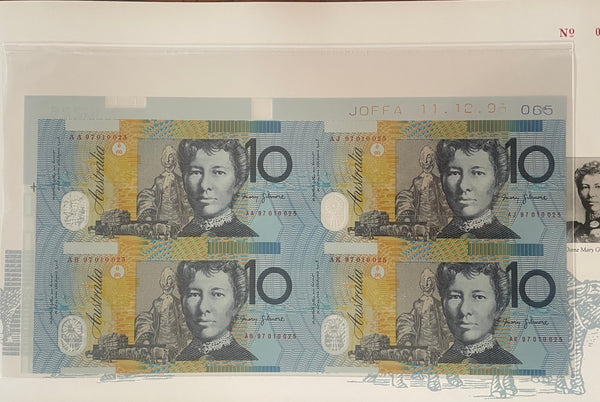 Australia 1997 $10 Polymer Evans/Macfarlane Uncut Block of 4 Red Serial Number Banknote Folder