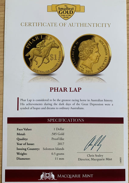 Solomon Islands 2017 Macquarie Mint $1 Phar Lap Horse .5 grams of .585 Gold Coin