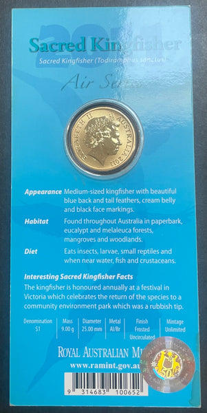 Australia 2011 Royal Australian Mint $1 Air Series Sacred Kingfisher coloured Carded Coin