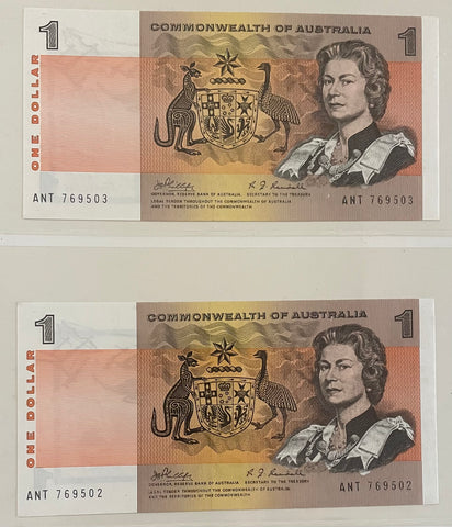 R73 Commonwealth Of Australia Phillips/Randall $1  Banknote Pair