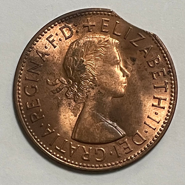 UK Great Britain 1967 Queen Elizabeth "Clipped Planchet" Error Penny 1d Coin Uncirculated