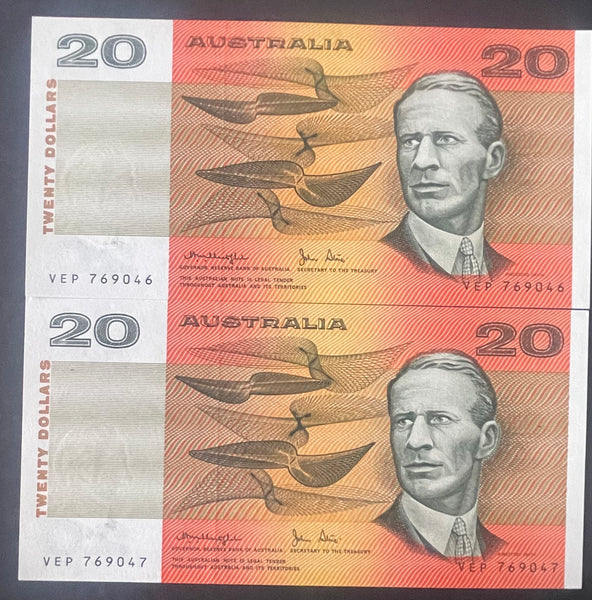 Australia 1979 $20 Knight Stone OCRB Serial Numbers Uncirculated Pair R407b