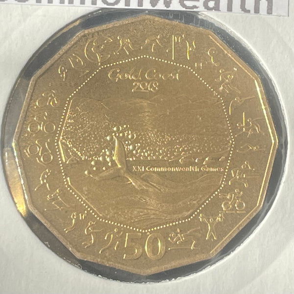 Australia 2018 Royal Australian Mint 50c Fifty Cents Gold Coast Commonwealth Games Gold Plated Uncirculated Coin in 2x2 mount