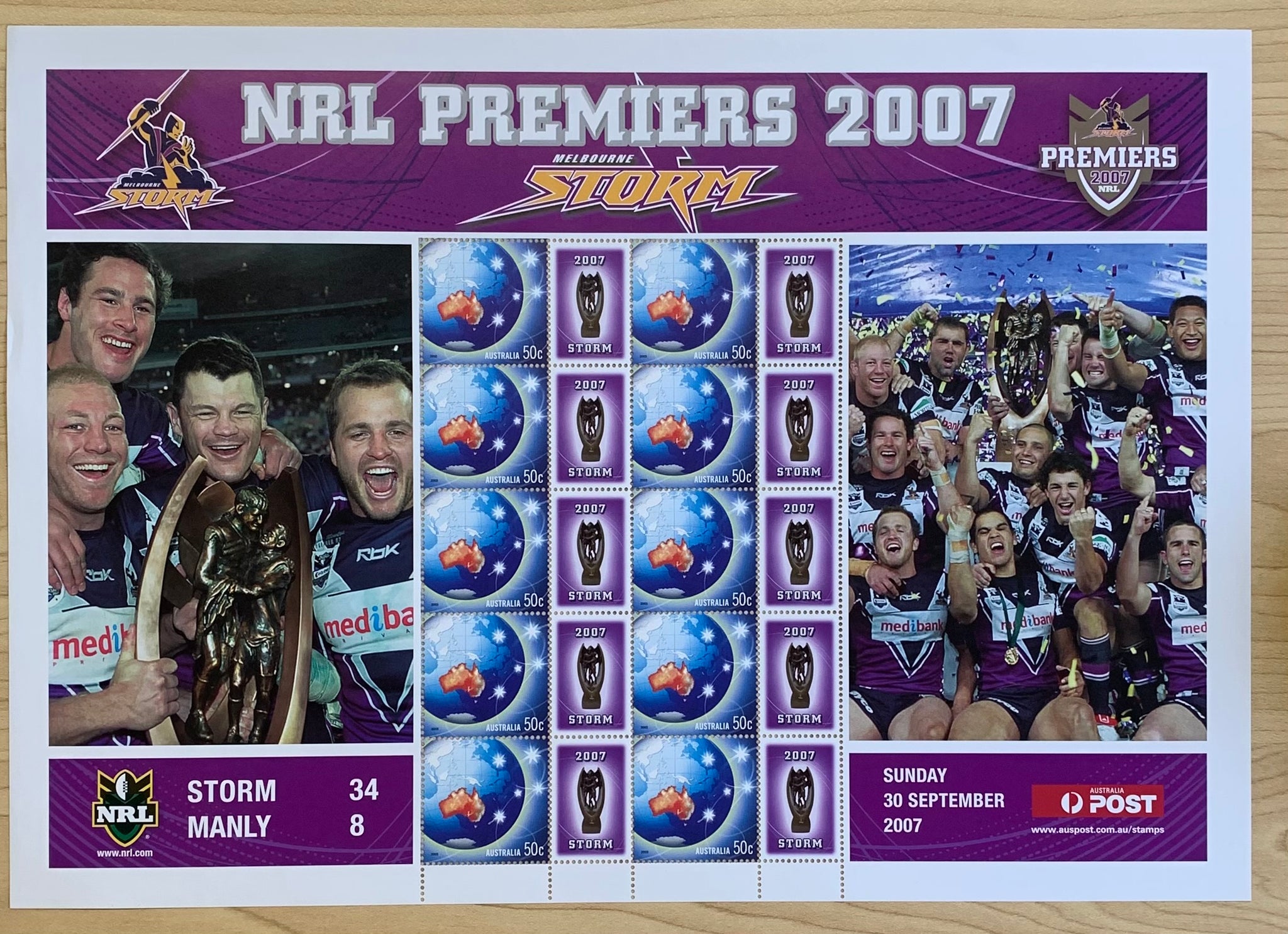 Australia Post 2007 50c NRL Premiers Melbourne Storm Stamp Sheet