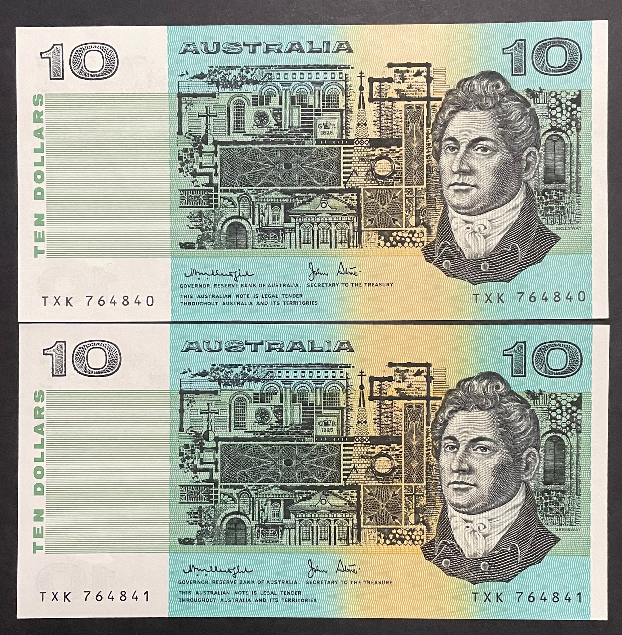Australia Ten Dollar $10 Knight/Stone OCRB Serial Numbers Uncirculated Pair R307b