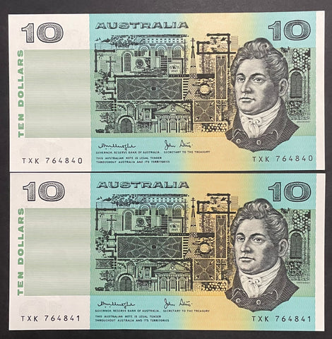 Australia Ten Dollar $10 Knight/Stone OCRB Serial Numbers Uncirculated Pair R307b