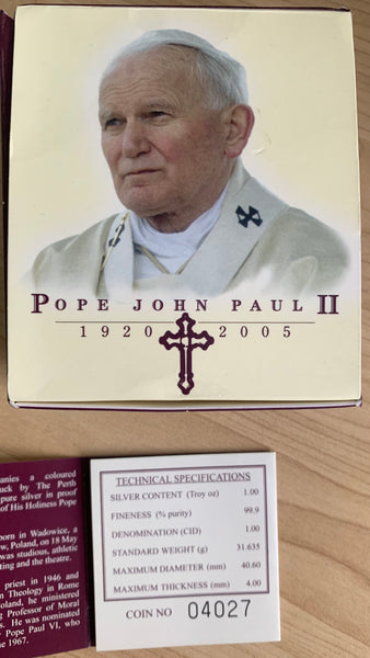 Cook Islands 2005 $1 Pope John Paul II Perth Mint 1 oz Proof Silver Coin