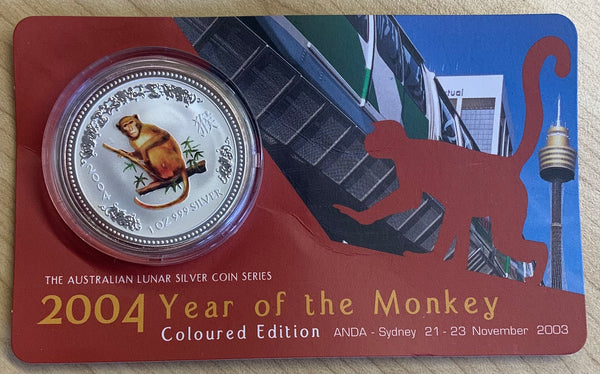 Australia 2004 $1 Year Of The Monkey coloured ANDA Sydney Limited Edition Silver Coin