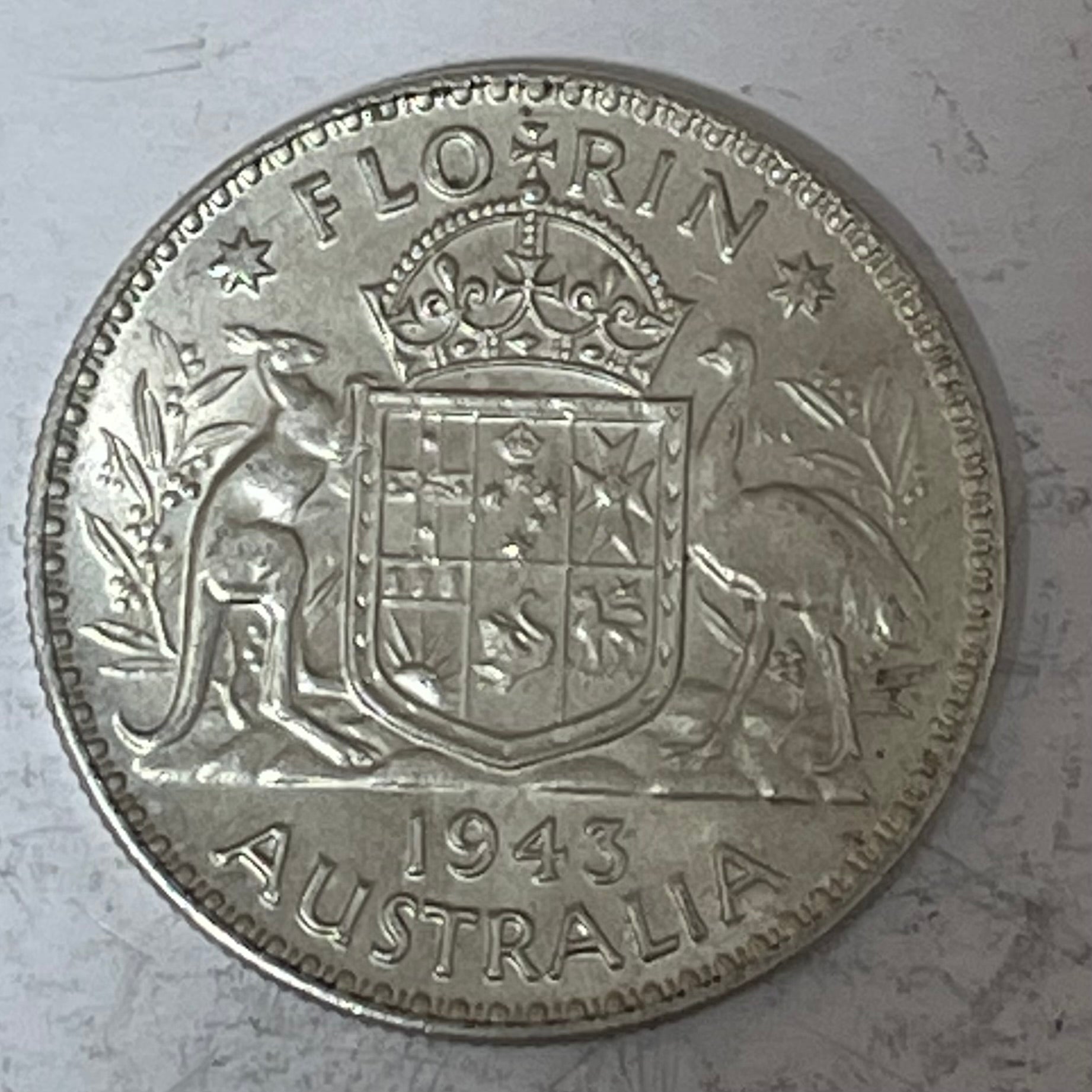 Australia 1943 Melbourne Mint 2/- Florin Silver Coin about Uncirculated