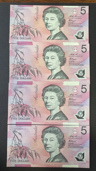 Australia 1995 $5 Evans Fraser Polymer Banknote Uncirculated Run of 4. R217bL
