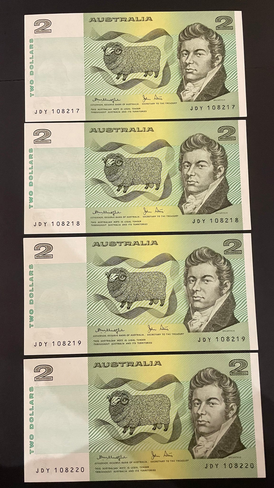 Australia $2 Knight/Stone light fold, about Uncirculated Run of 4. R87