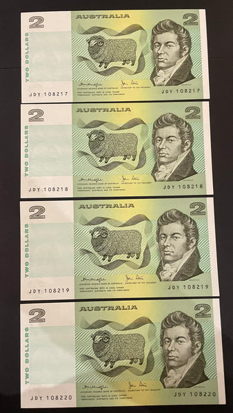 Australia $2 Knight/Stone light fold, about Uncirculated Run of 4. R87