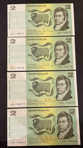 Australia $2 Knight/Stone light fold, about Uncirculated Run of 4. R87