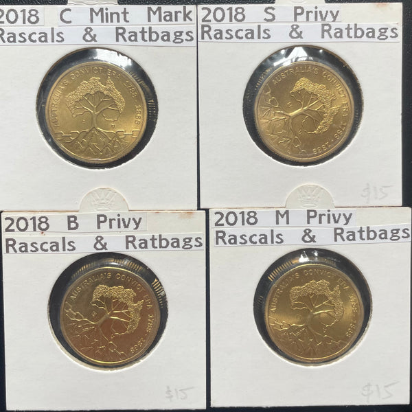 2018 RASCALS & RATBAGS DOLLAR Set of 4 $1 Coin Uncirculated Privy Mark Set