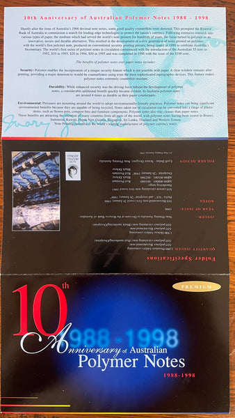 Australia 1998 10th Anniversary of Polymer Banknotes Premium $10 Folder