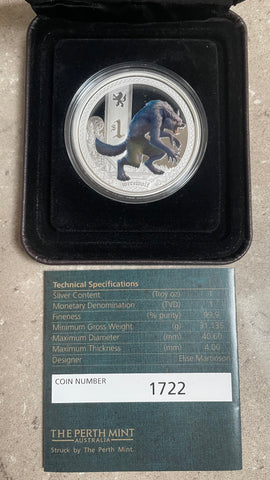 Tuvalu 2013 Perth Mint Colour Mythical Creatures $1 Werewolf Silver Proof Coin