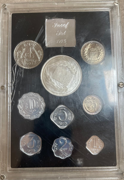 India 1973 9 Coin Proof Set Including Silver 10 Rupee