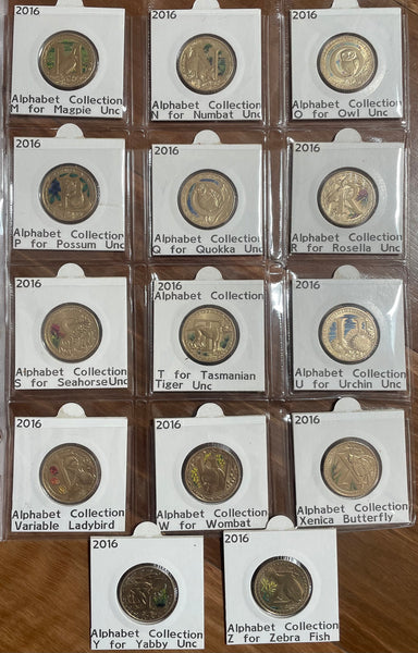2016 Aussie Alphabet Coloured $1 coin Collection of 26 A to Z coins