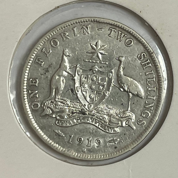 Australia 1919 2/- Florin Silver Coin Very Fine Condition