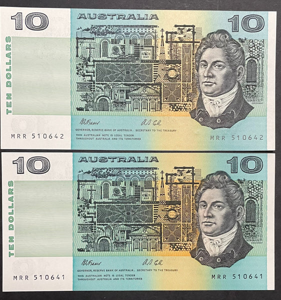 Australia 1991 $10 Fraser Cole Last Prefix Uncirculated Pair without Plate Letter. R313aL