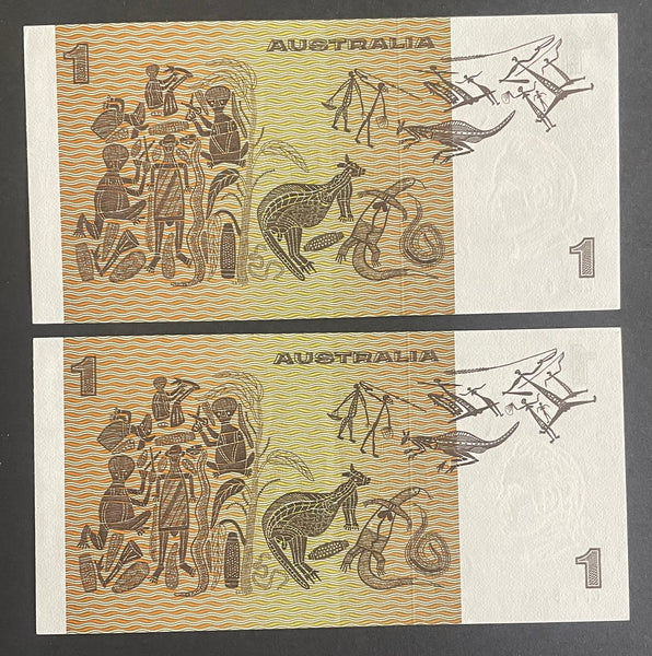 Australia 1977 $1 Knight/Stone about Uncirculated, lightly folded Pair. R77