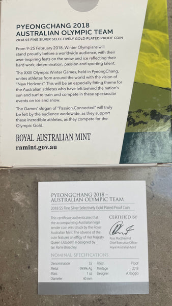 Australia 2018 RAM $5 Pyeongchang Winter Olympics Fine Silver Proof Coin