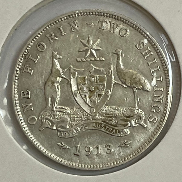 Australia 1913 2/- Florin Silver Coin Fine Condition