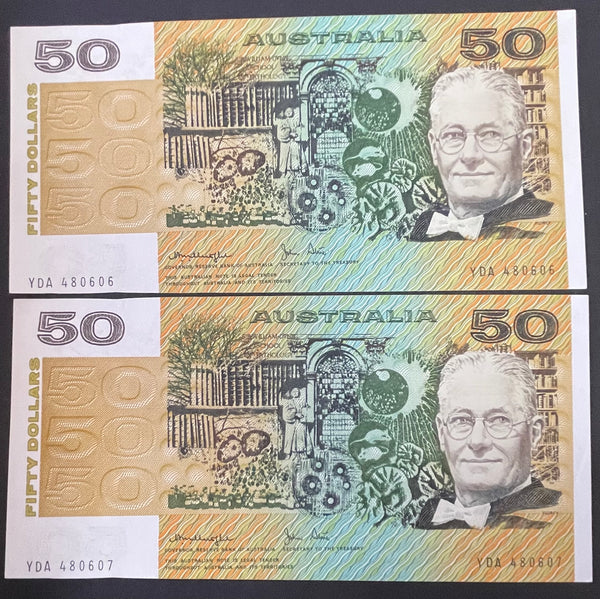 Australia $50 Knight Stone First Prefix Uncirculated Pair Banknote R507F