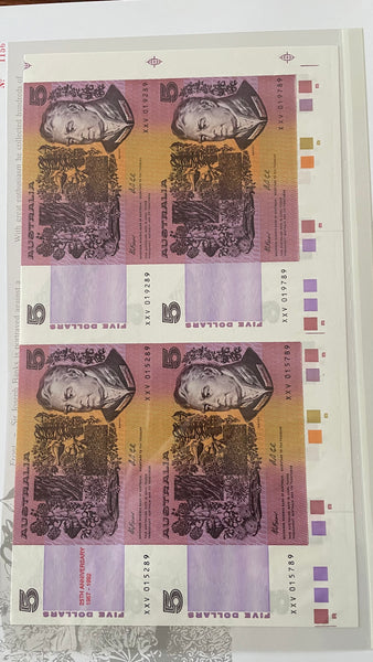 Australia 1992 $5 25th Anniversary Uncut Block of 4 Sydney Coin and Banknote Fair Folder