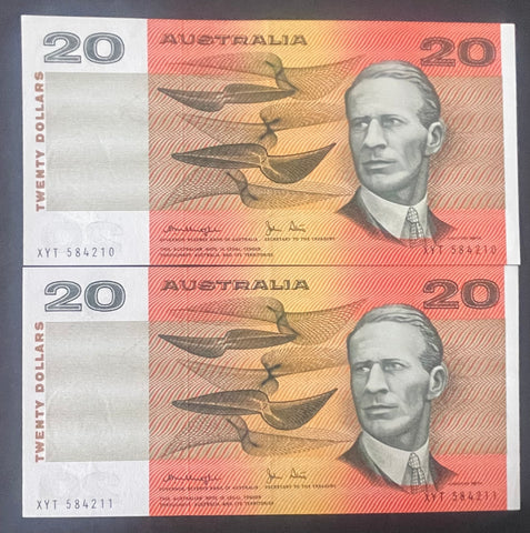 Australia 1979 $20 Knight/Stone  Gothic Serial Numbers Uncirculated Pair R407a