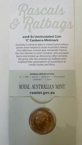 Australia 2018 $1 One Dollar RASCALS & RATBAGS Alexander Pearce 'C' mintmark
