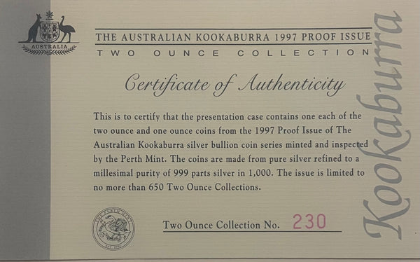 Australia 1997 Perth Mint Kookaburra 1oz & 2oz .999 Silver Proof Coin Set