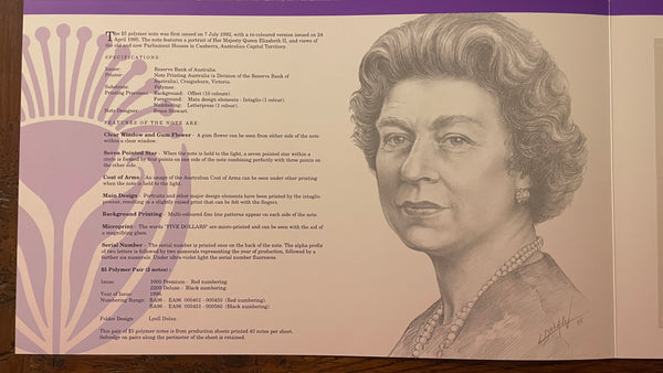 Australia 1996 $5 Polymer Fraser/Evans Uncut Pair Red serial number Banknote