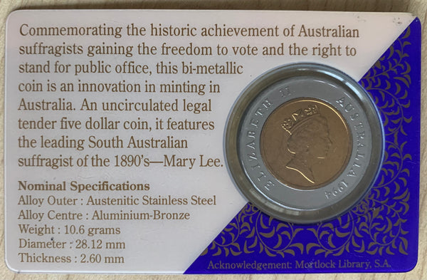 1994 RAM $5 Uncirculated Carded Coin Commemorating 100 years Enfranchisement of Women in South Australia