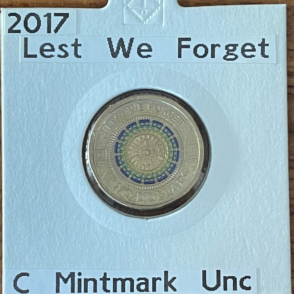 2017 Royal Australian Mint $2 Coloured Lest We Forget "C" Mintmark Uncirculated Coin