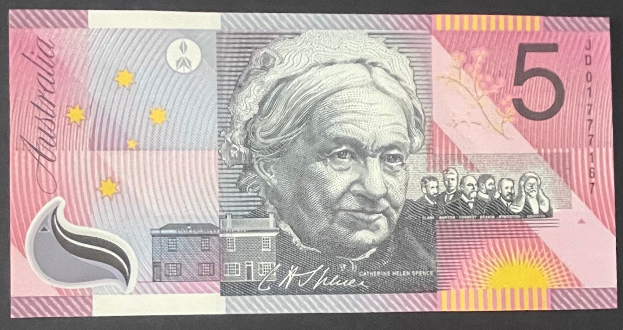 Australia $5 Federation Henry Parks, Catherine Spence AA01 First Prefix Polymer Uncirculated. R219F