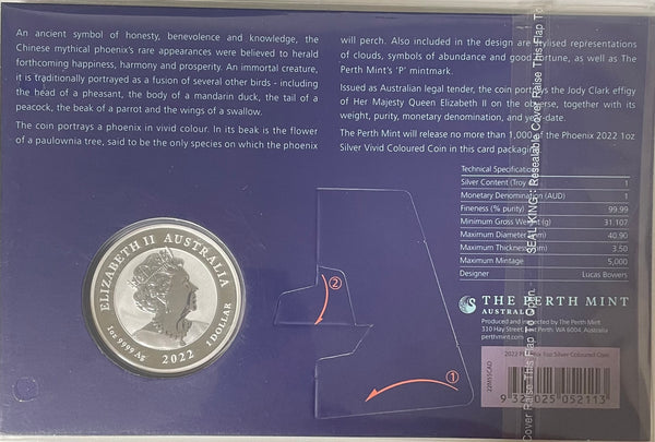2022 Perth Mint Chinese Myths and Legends Phoenix $1 1oz Silver Vivid Coloured Carded Coin