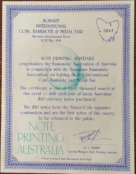 Australia 1991 $10 Fraser/Cole Banknote Uncut pairs x 4. R313
