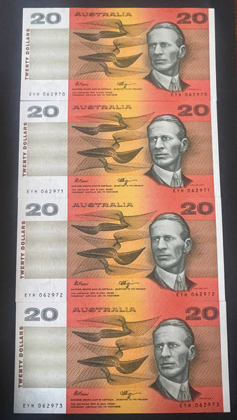 Australia $20 Fraser Higgins Uncirculated Run of 4 Banknotes R412