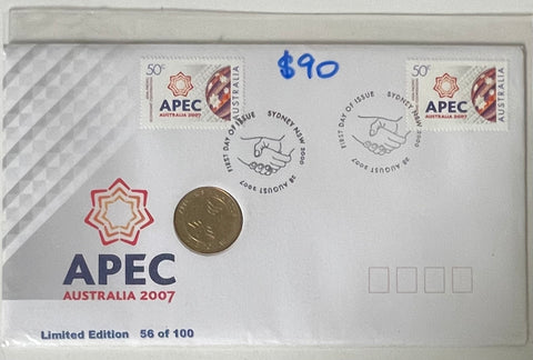 2007 Australia APEC PNC with $1 coin and 2 x 50c Stamps