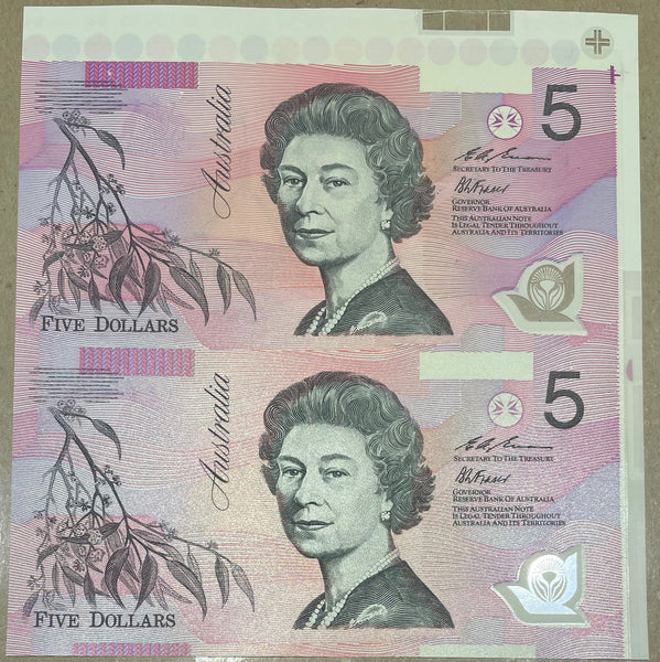 Australia 1996 $5 Polymer Fraser/Evans Uncut Pair Red serial number Banknote