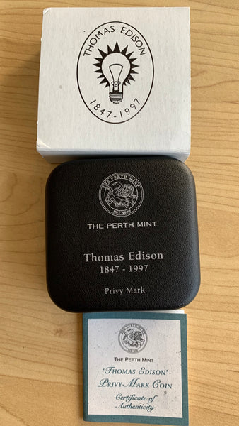 Australia 1997 Perth Mint Kookaburra "Thomas Edison" Privy Mark 1oz .999 Silver Coin