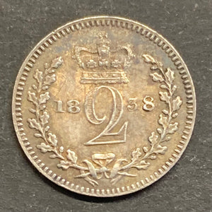 UK Great Britain 1838 Queen Victoria Maundy 2d Two Pence Coin EF