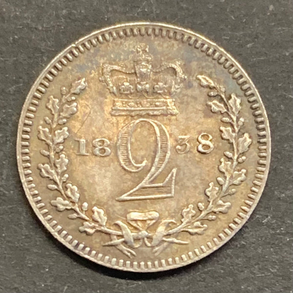 UK Great Britain 1838 Queen Victoria Maundy 2d Two Pence Coin EF