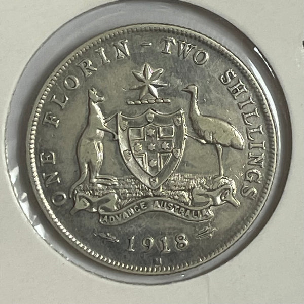 Australia 1918 2/- Florin Silver Coin Very Fine Condition