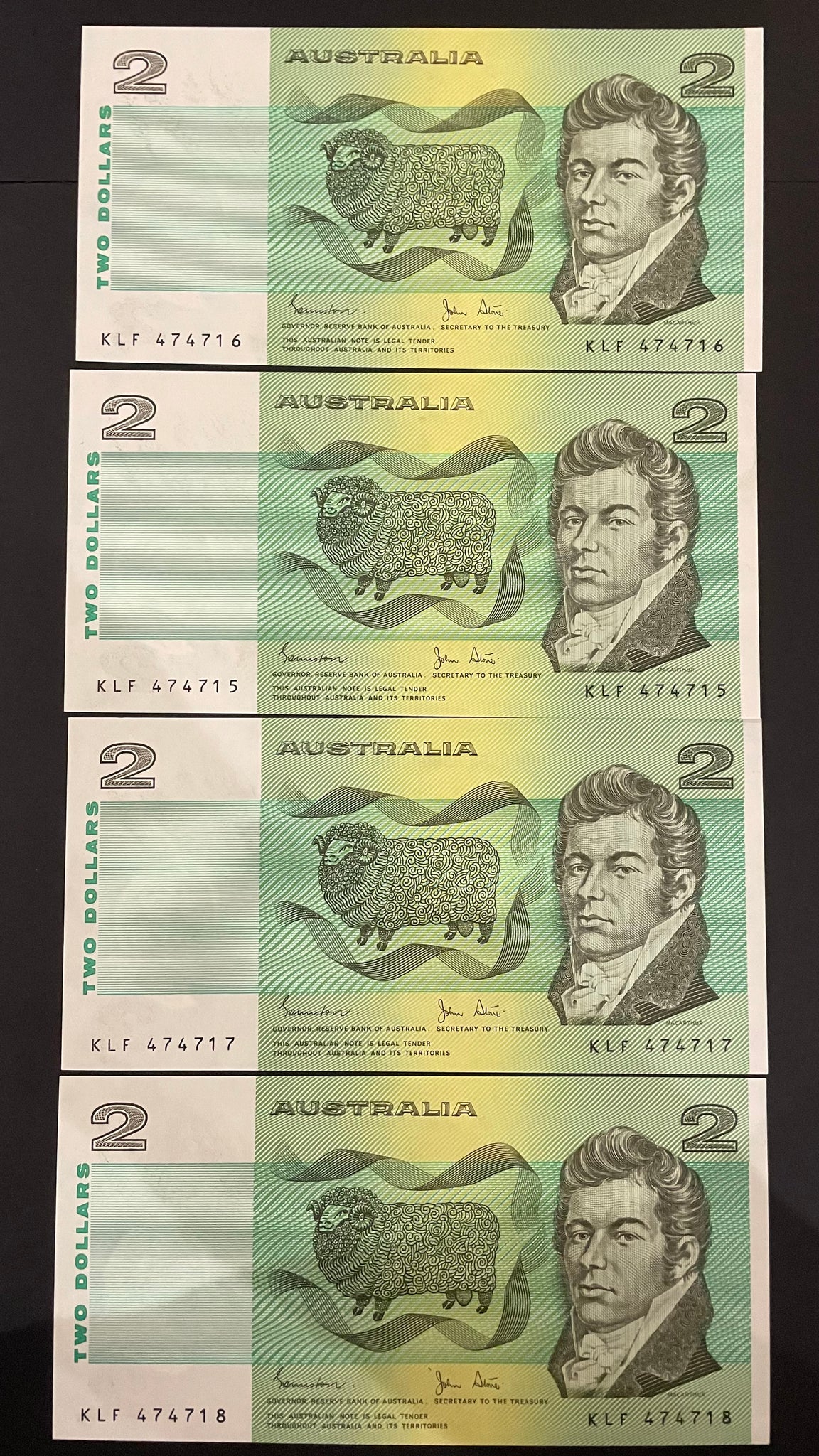 Australia $2 Johnston/Stone  Light Fold, a Unc, Run of 4. R88