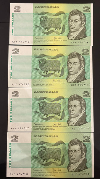 Australia $2 Johnston/Stone  Light Fold, a Unc, Run of 4. R88
