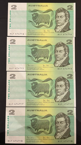 Australia $2 Johnston/Stone  Light Fold, a Unc, Run of 4. R88